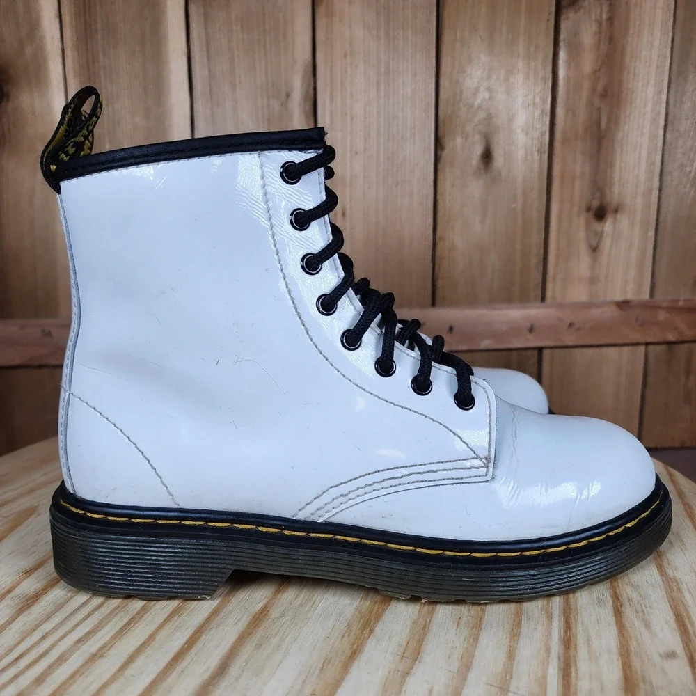 Dr Martens 1460 J Boots Kids Size 3 White Leather Combat Lace Up Side Zip‎ Ankle